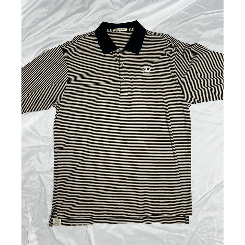 Peter Millar Golf Polo Shirt Black Beige Striped Palmetto Dunes Hilton Head Sz-L